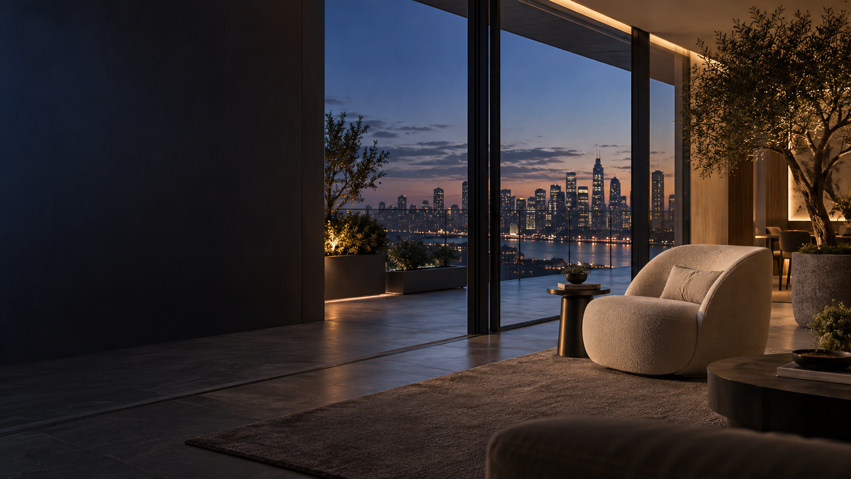 A calm connected home at blue hour